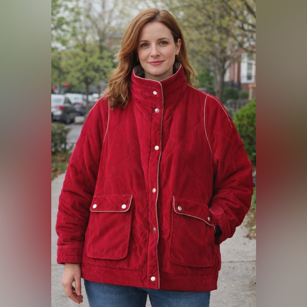 Women's Burgundy Corduroy Jacket 2X Reversible Gray Quilt Lined Thick Warm